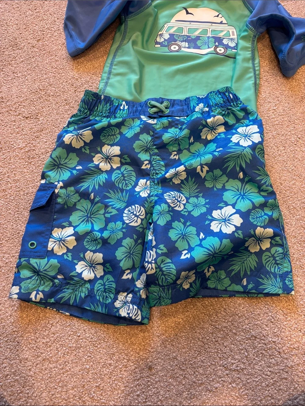 Kids Green & Blue Tropical Rashguard Swim Set with Surf Van Motif